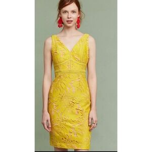 Maeve Anthropologie Gardenia Lace Yellow Tropical Leaf V-Neck Sheath Dress 2